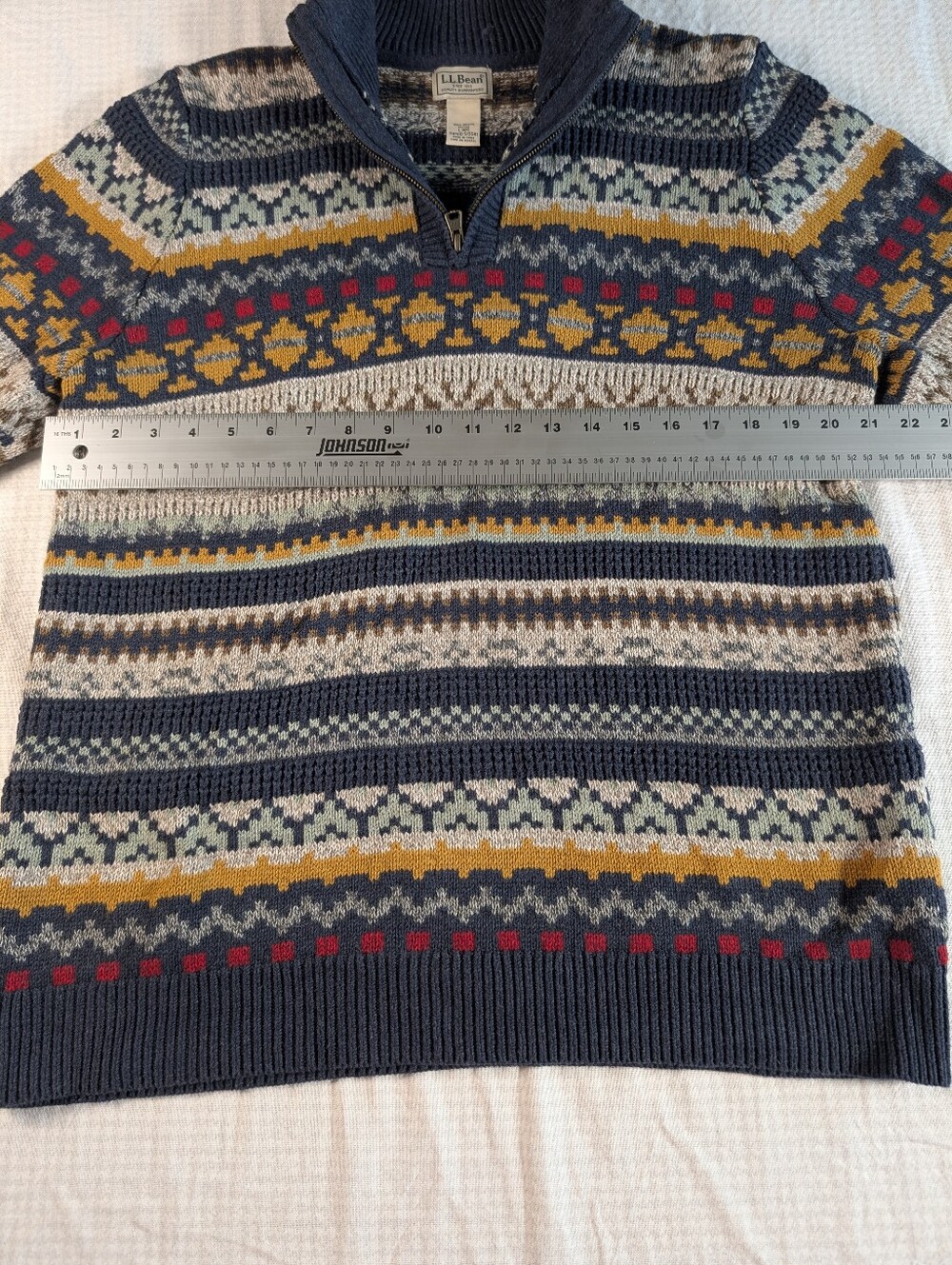 L.L. Bean Navy Fair Isle Zip-Neck Sweater with Mustard & Red Accents Large - Picture 3 of 7